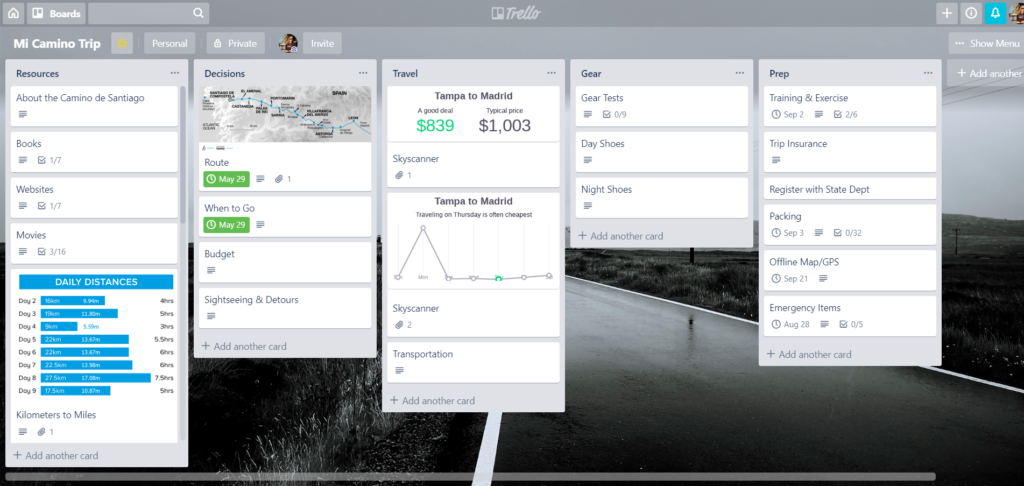 Trello board with planning cards