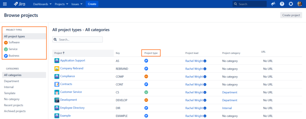 Jira Server and Jira Data Center Project Types