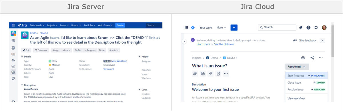 Jira Server vs Jira Cloud Interface Comparison