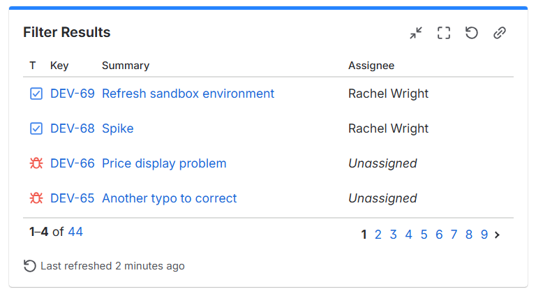 Jira dashboard gadget: Filter results