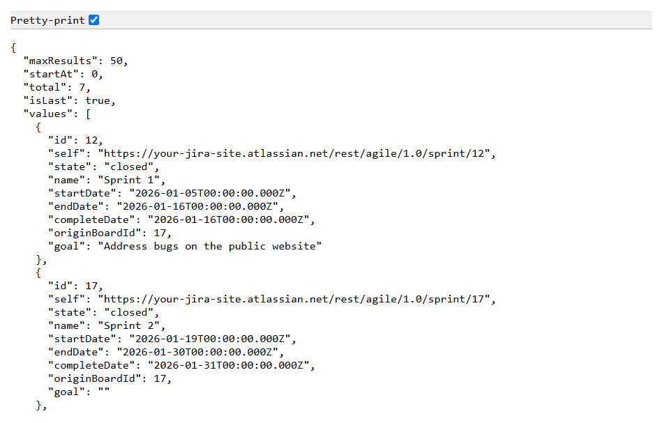 Jira sprint details through REST API link